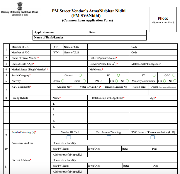 PM Street Vendor’s AtmaNirbhar Nidhi Form Download in PDF