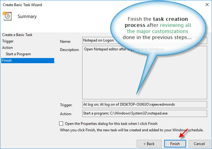 Completion dialogue for a custom Windows basic task