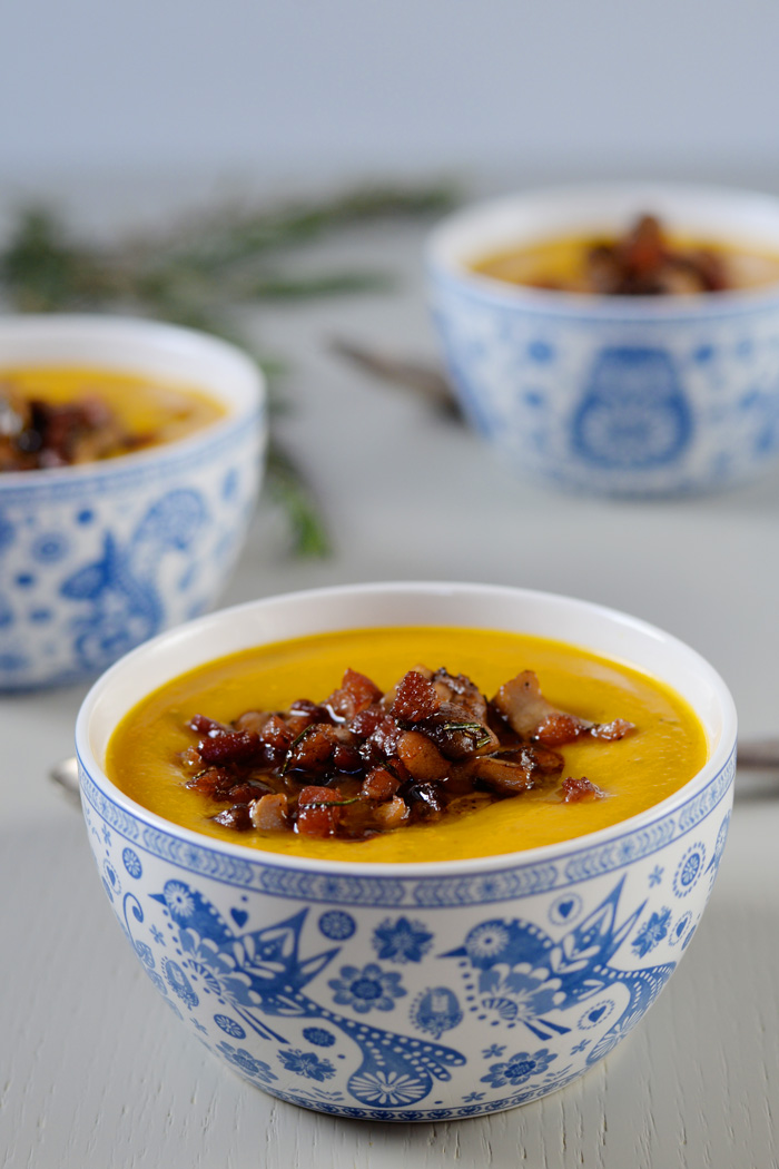 Lemon & Vanilla Roasted pumpkin and rosemary soup, topped with