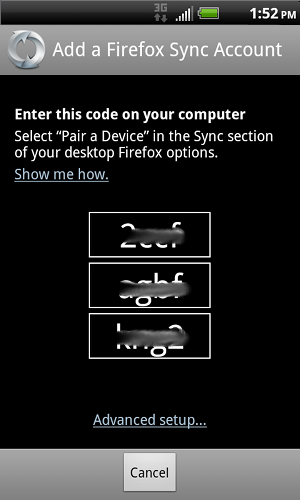 How to find the code to add a device to Mozilla Firefox Sync?