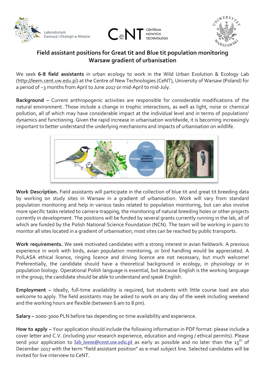 ecology and evolution Field assistant needed