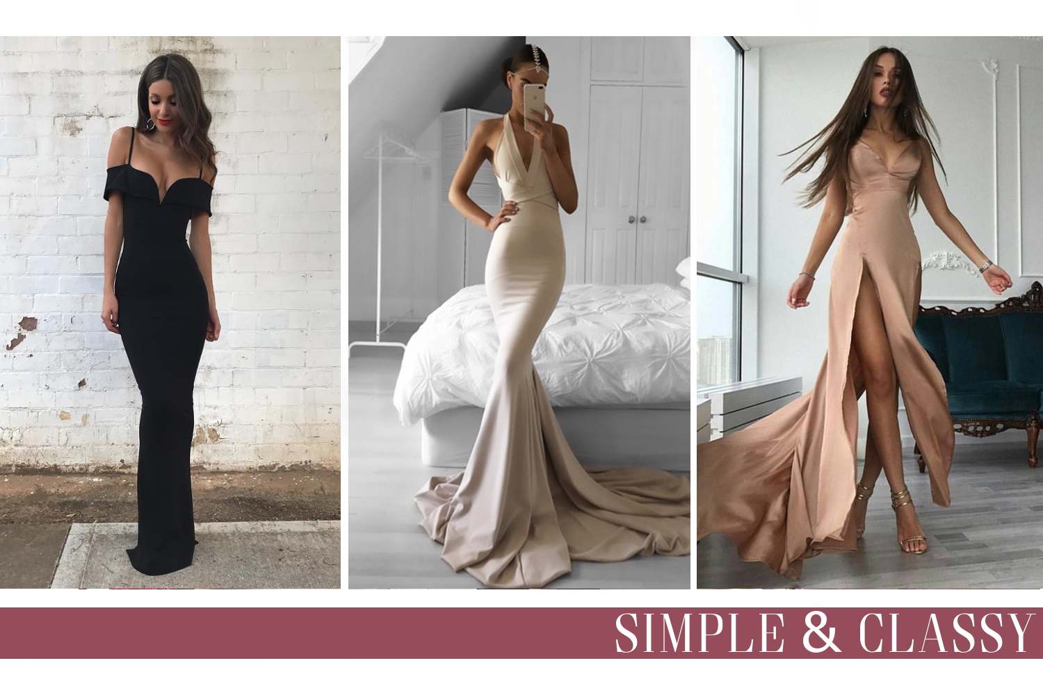 fashion collage with three beautiful dresses for prom evening