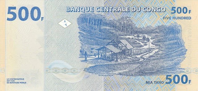 Currency of the Democratic Republic of the Congo 500 Congolese francs banknote 2002 Diamond exploitation in Etroite Valley