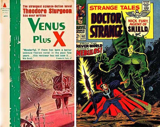 Venus Plus X paperback and Strange Tales 162 covers with same surrealistic alien