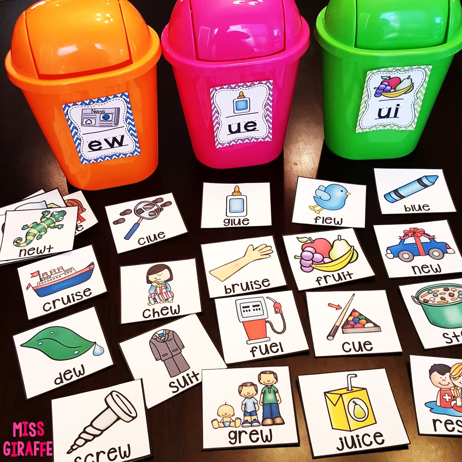 worksheet Ew Words miss giraffes class ew ue ui activities sort sounds into mini trash cans from the dollar store for super fun word sorts activities