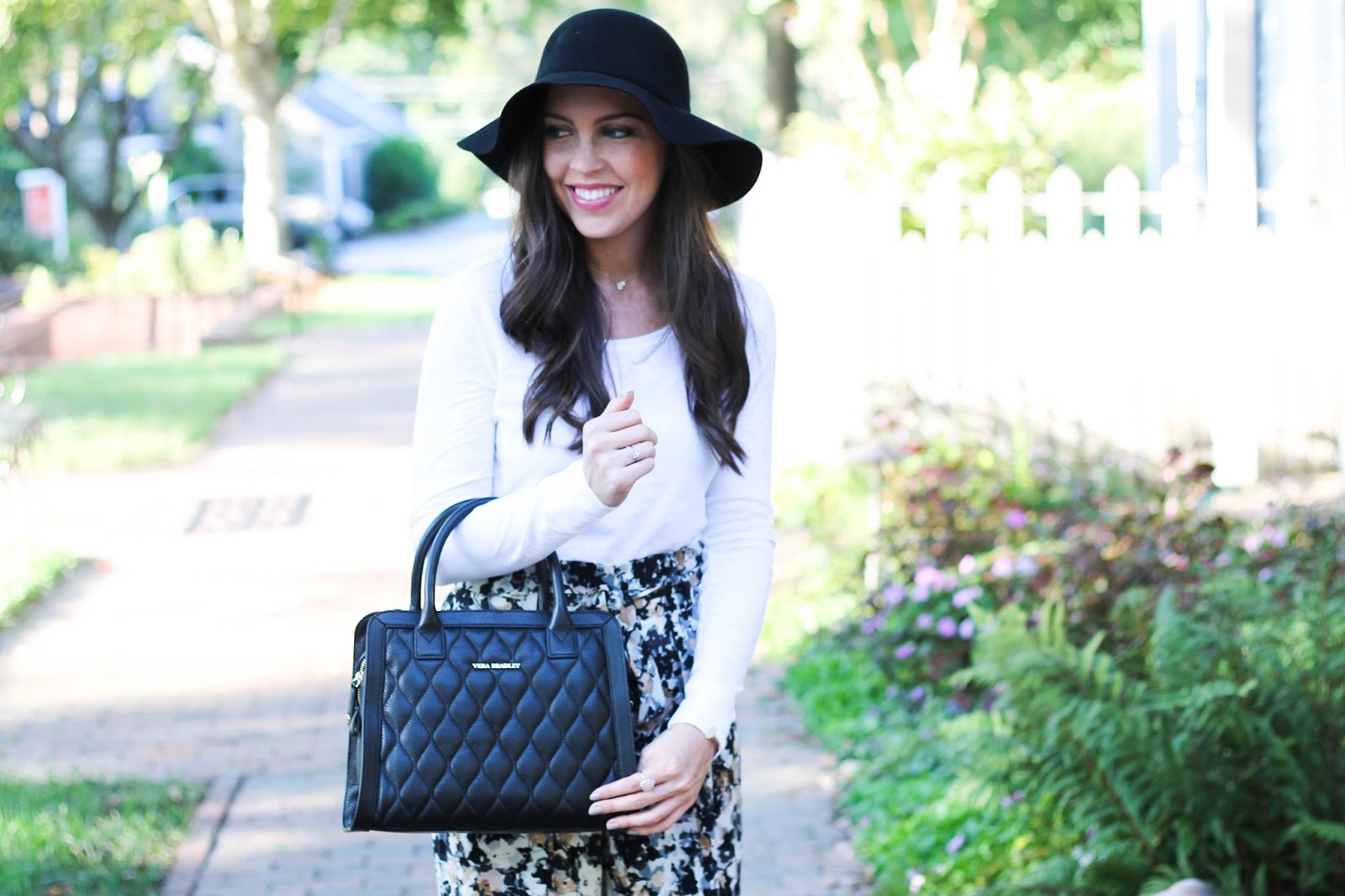 Nordstrom Leith Pleated Highwaisted Print Flare Pants, LOFT white long sleeve tee, black felt floppy hat,  quilted Vera Bradley satchel, fall outfit, cute fall look, ways to simplify your life, printed pants, Fearrington Village