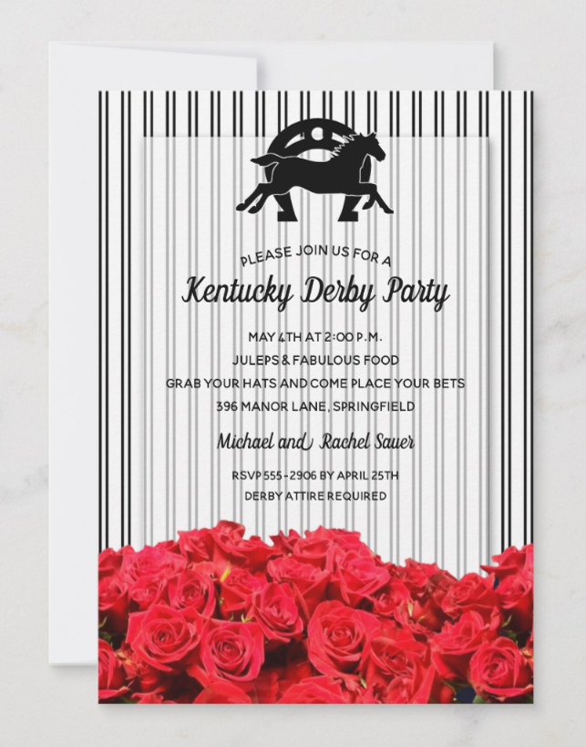   Black and White Stripes and Roses Kentucky Derby Party Invitations - perfect for Derby Themed Bridal Showers!
