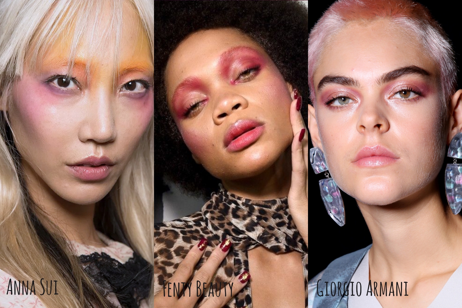 emakeup collage with three woman models wearing a trendy runway look at anna sui fashion show