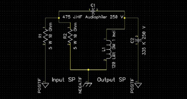Make a simple passive audio crossover to the speakers of the way, without a power source