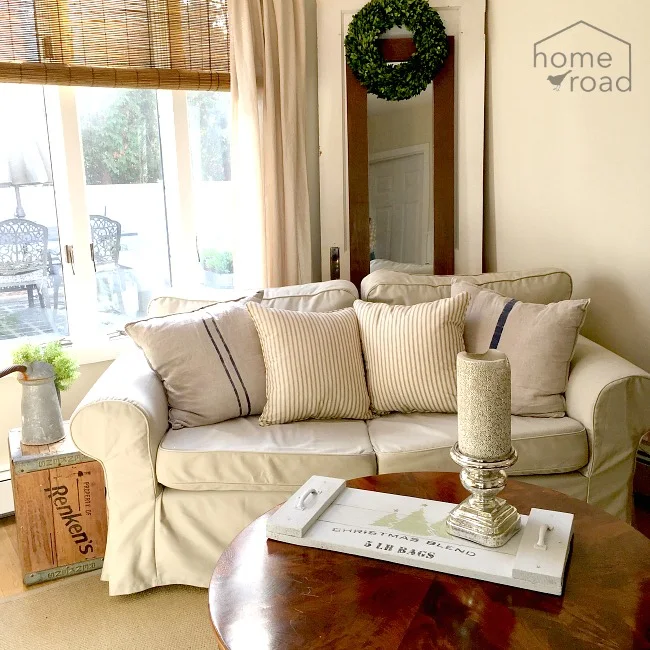 White Christmas tray in room with sofa and window