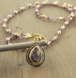 Amethyst Lariat Silver Pyrite Necklace African Brass Sterling Silver 24K Gold Vermeil Hydro Amethyst Teardrop Pendant Clear Rhinestone Pave