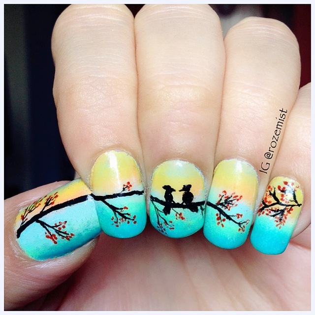 Nail arts by Rozemist Love Birds Gradient Nails