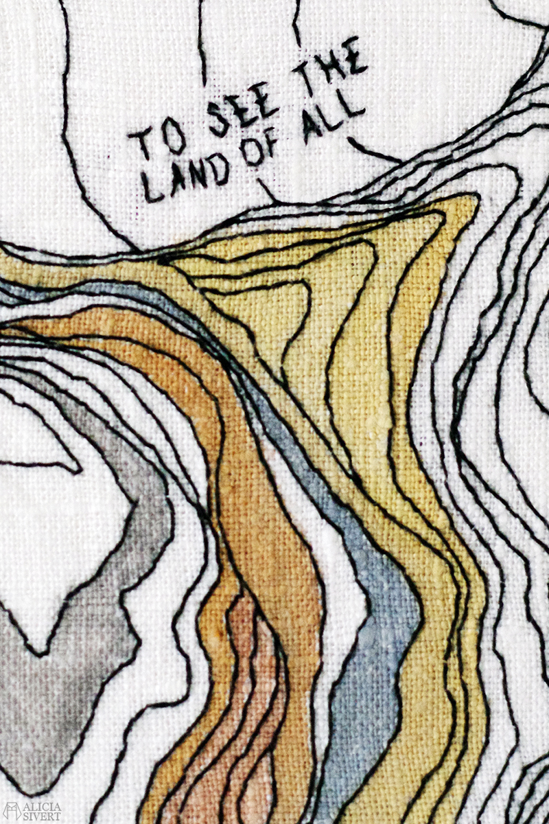 "Land of All" Woodkid embroidery by Alicia Sivertsson. "Land of All" Woodkid free hand embroidery by Alicia Sivertsson. desierto Yoann Lemoine aliciasivert alicia sivert akvarell aquarelle watercolour watercolor water color colour broderi fitt frihandsbroderi needlework hoop art needle work konst textilkonst textil textile art mountain mountains berg bergskedja brodera förstygn text I came to break the wall that rose around you To see the Land of All I will fall for you