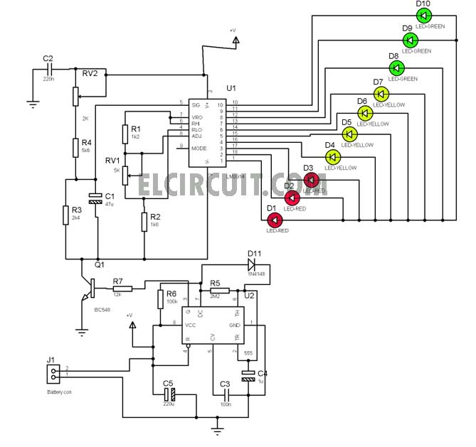 Simple Charging Circuit Monitor with 555 and LM3914 Electronic Circuit