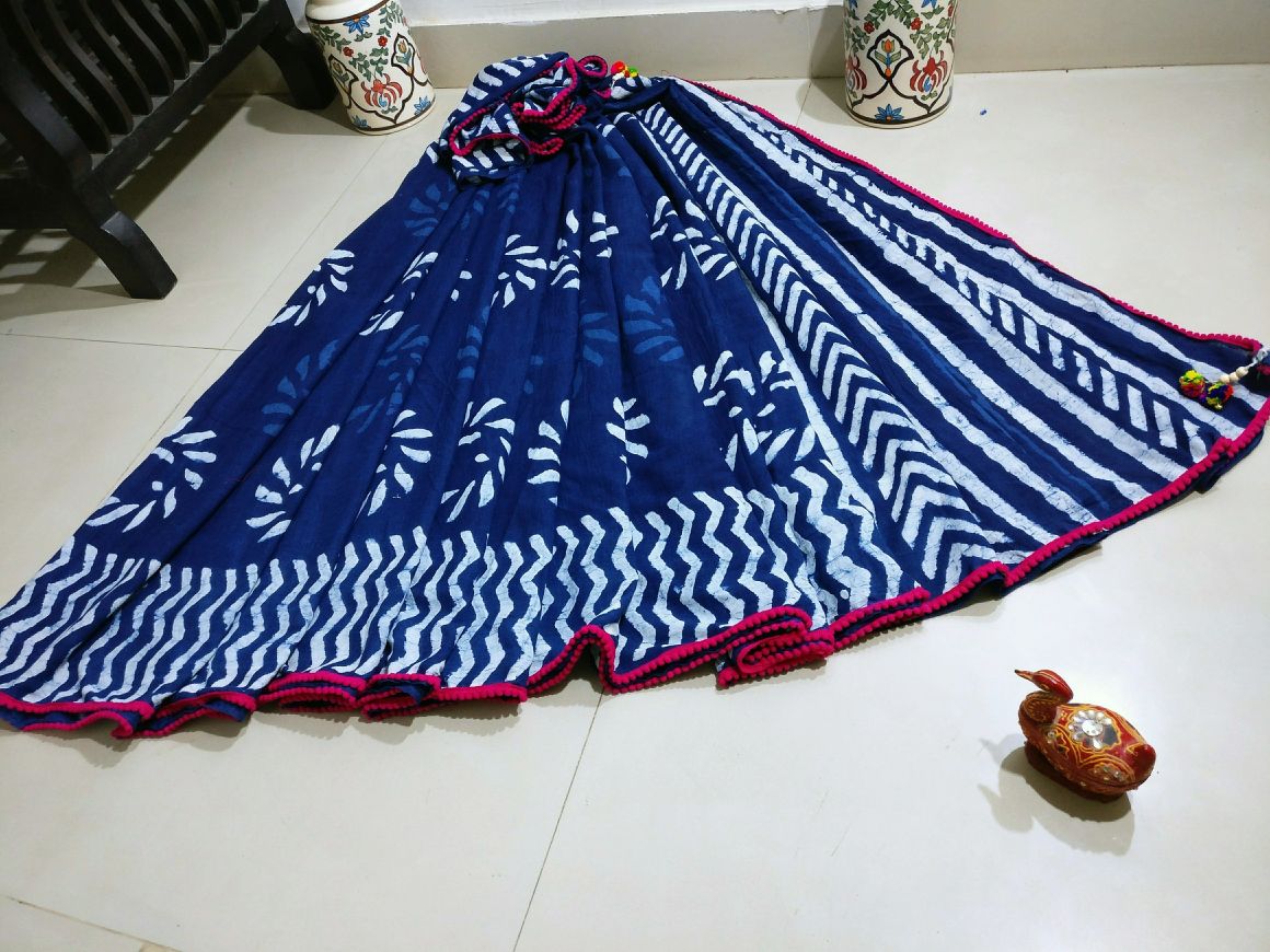 Latest Pom Pom Indigo Sarees | Shop For Handwoven Cotton PomPom sarees