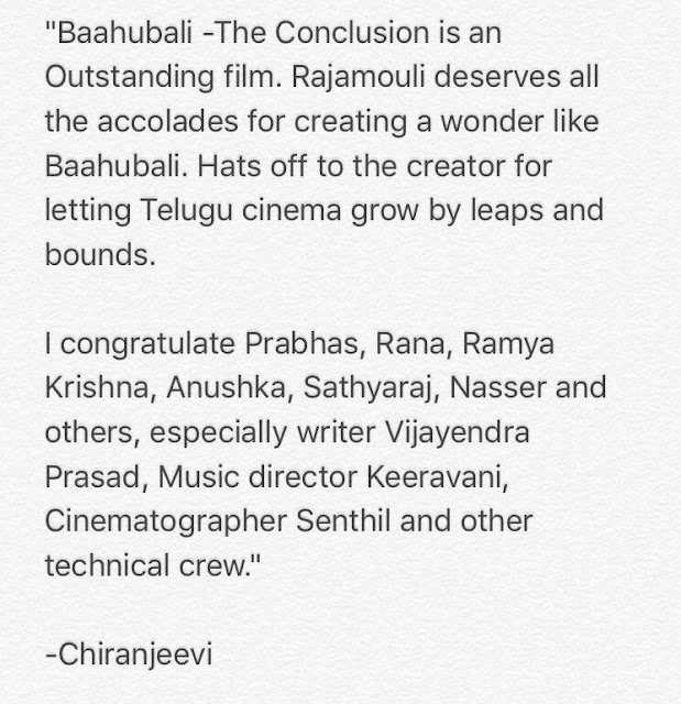 Megastar Chiranjeevi Congratulated Baahubali 2 Team After Watching Movie 1 baahubal 2
