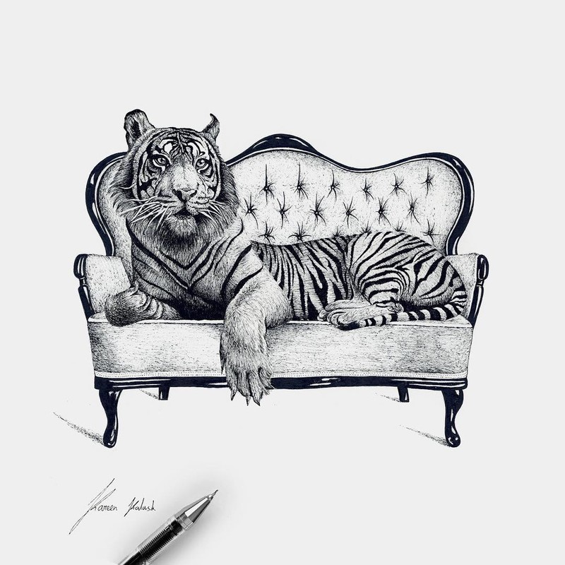 01-Tiger-on-a-Couch-Surreal-Animals-Mostly-Ink-Drawings-www-designstack-co