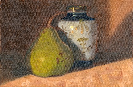 Oil painting of a green pear beside a small blue and white porcelain Chinese-style vase with gold-coloured patterns.