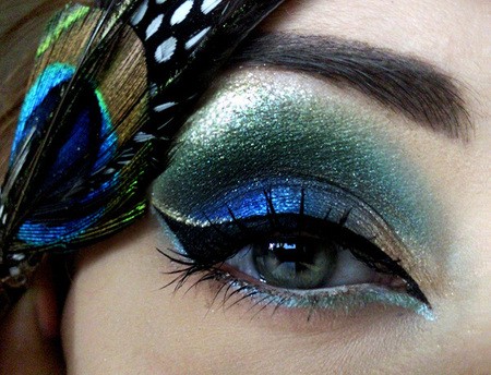 Glittery Blue Green Peacock Eye Makeup