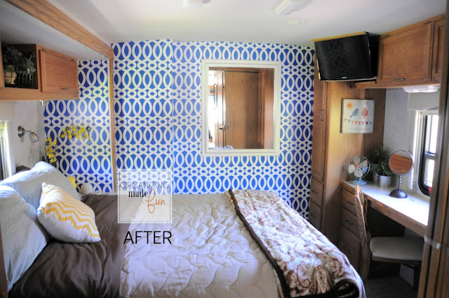 RV bedroom wall transformed with wallpaper :: OrganizingMadeFun.com RV bedroom wall transformed with wallpaper :: OrganizingMadeFun.com