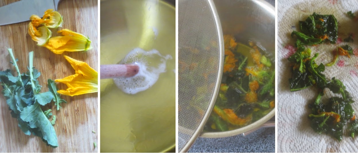 Zubereitung Kohlrabigrün und Zucchiniblüten Zubereitung Kohlrabigrün und Zucchiniblüten