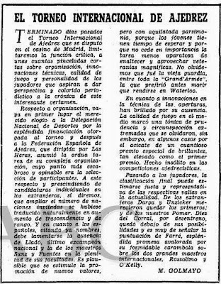 Crónica de Manuel Golmayo sobre el II Torneo Internacional de Ajedrez Madrid 1957 publicada en ABC