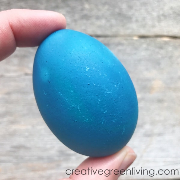 Easter egg dyed with red cabbage dye solution to get dark blue egg