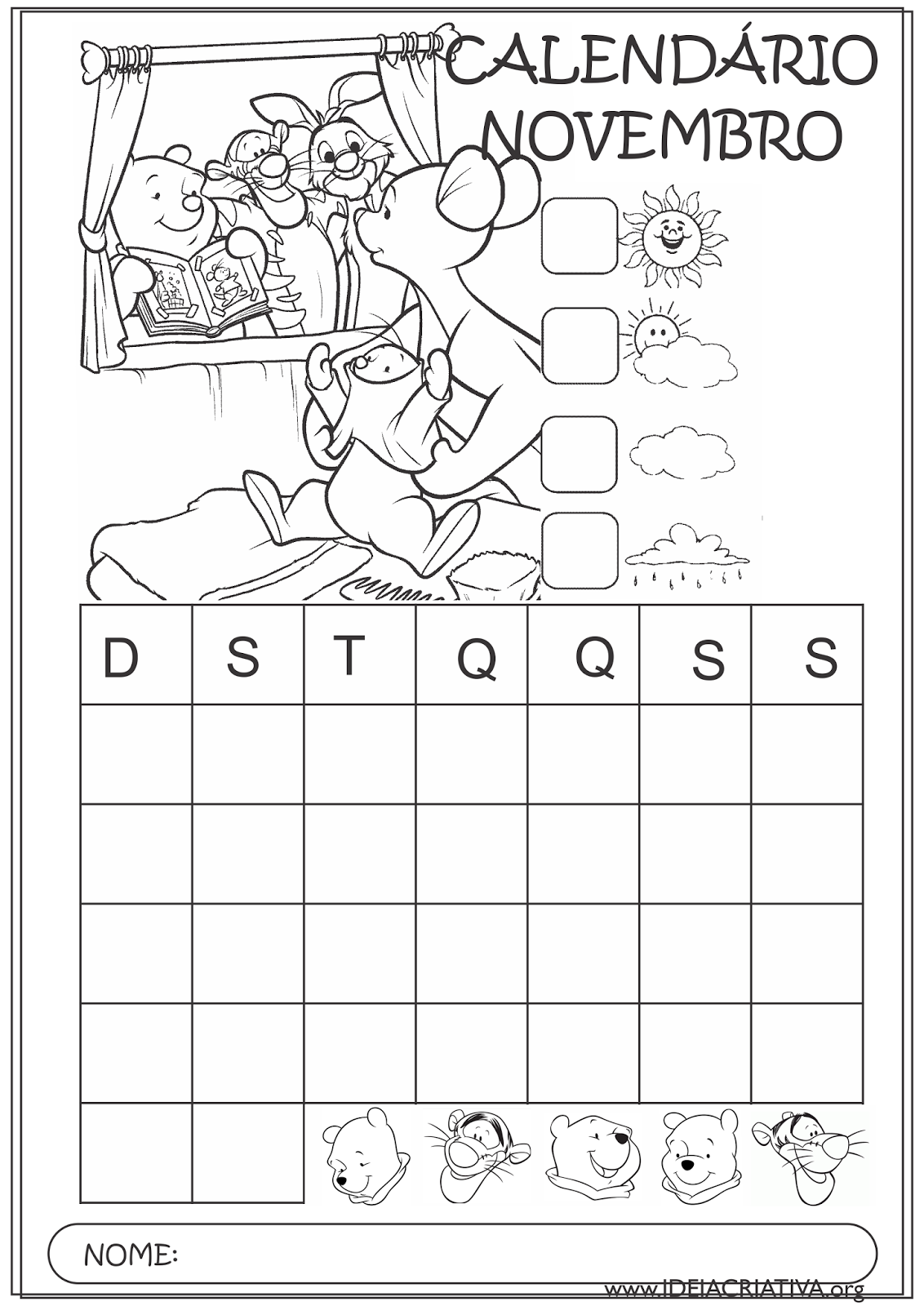 Calendários Novembro 2015 Turma do Pooh para Colorir Educação Infantil