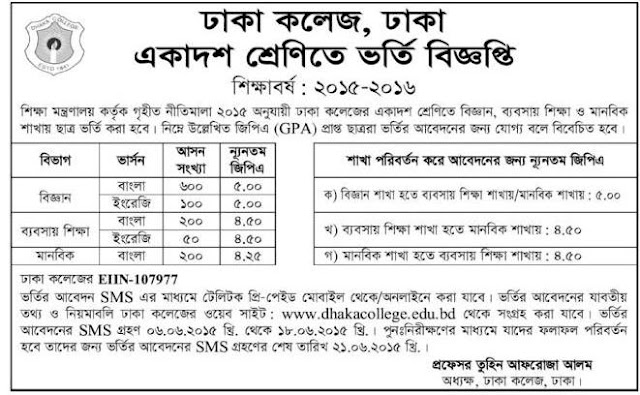 SSC and Equivalent Admission Circular 2015-16 of Dhaka College