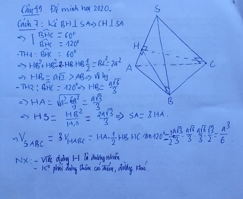 Câu 49: (MH Toan 2020) Cho khối chóp (S.ABC) có đáy (ABC) là tam giác vuông cân tại (A), (AB = a), (widehat {SBA} = widehat {SCA} = 90^circ ), góc giữa hai mặt phẳng ((SAB)) và ((SAC)) bằng (60^circ ). Thể tích của khối chóp đã cho bằng 6