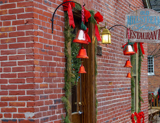 Christmas door decorations on restaurant in St. Charles, Missouri photo by mbgphoto