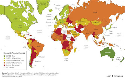 Mapa baseado no ranking de liberdade econômica no mundo.