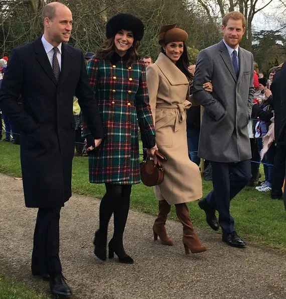 Kate Middleton wore MIU MIU Velvet-trimmed double-breasted tartan wool-blend peacoat, Meghan Markle wore Sentaler Long Wide Collar Wrap Coat