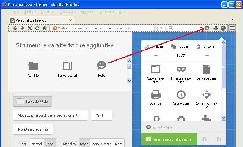 Aggiungere pulsante Hello nella barra strumenti di Firefox