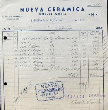 Nueva Cerámica. Factura 1956