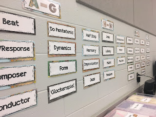 Music word wall: try arranging by sections of the alphabet instead of by individual letter!