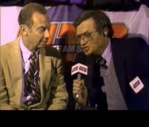 Larry King interviews Abe Pollin between periods of a 1984 Caps playoff game. (Book Pg. 183)