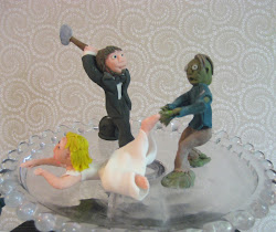topper zombie figurines cake groom attacking dragging hatchet bride