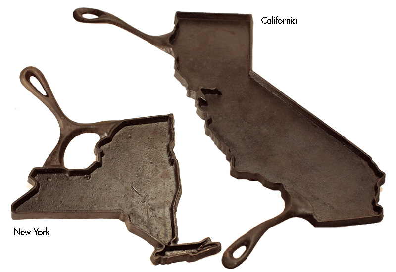 New York and California shaped iron skillets