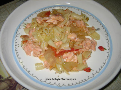 Receta BLW: macarrones con salmón. Receta BLW: macarrones con salmón.