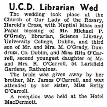 1940 Marriage Michael O'Grady and Theresa (Rita) O'Carroll, Dublin