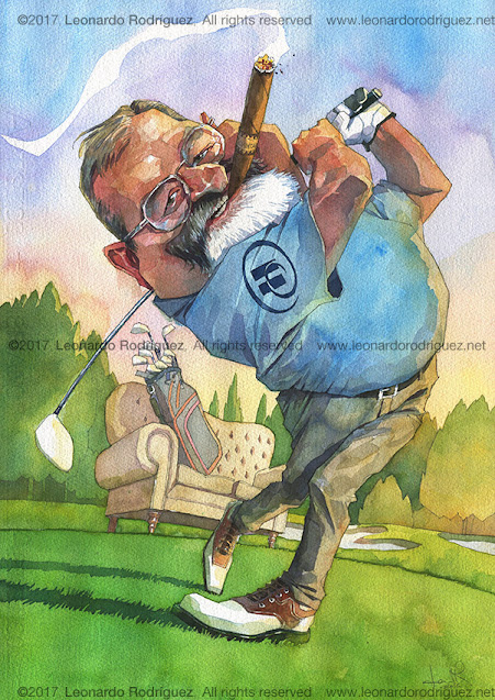 watercolor caricature of golf man swing