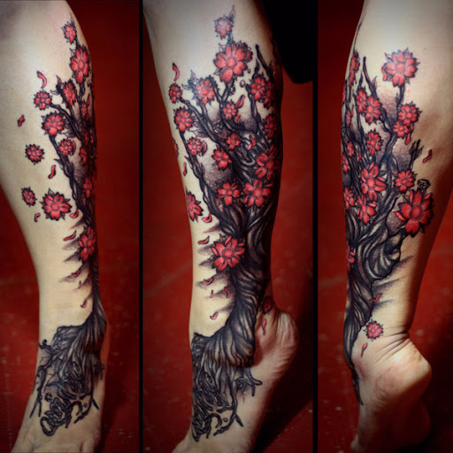 Bem detalhado da flor de cerejeira tatuagem nos pés. A árvore parece como se fosse brotando dos pés e chegar até a pessoa pés. Parece ousada, poderosa e incrível. (Foto: Fontes de imagem)