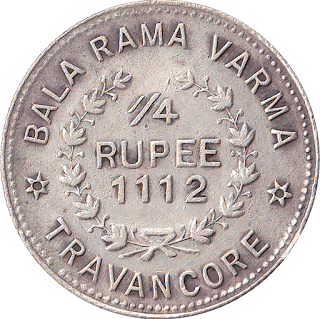 Travancore Quarter Rupee - Dextrally-coiled conch shell, Malayalam legend thiruvithamcore kaal roopa