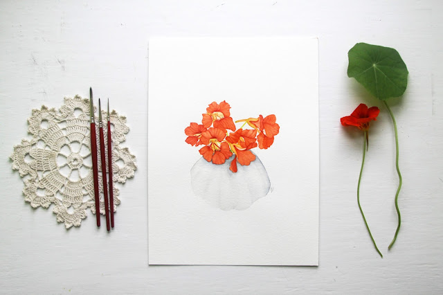nasturtiums, paintings, watercolor, botanical watercolor, nasturtium watercolor, nasturtium painting, Anne Butera, My Giant Strawberry