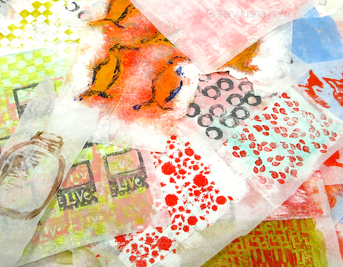 painted, stamped, stenciled sheets of tissue paper 