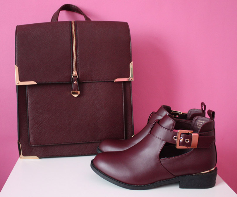 fashion high street burgundy backpack leather ankle boots