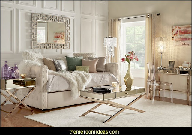 Tufted Daybed  Hollywood glam themed bedroom ideas - Marilyn Monroe Old Hollywood Decor - Hollywood Vanity Mirrors - Hollywood theme decor- decorating Hollywood glam style bedrooms - Hollywood glam furniture  - Hollywood At Home - Lighted Make-up Vanity - mirrored furniture 