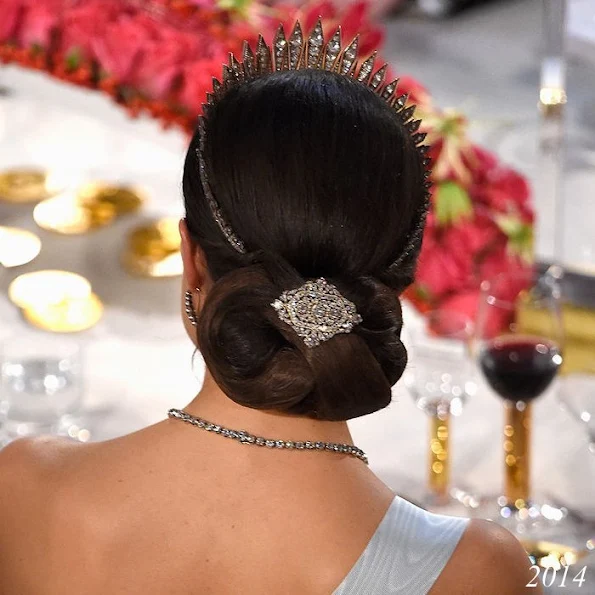 Showy hairstyle of Crown Princess Victoria of Sweden at Nobel Prize ceremonies in the years of 2015 and 2014 and 2012, Dresses, Gown, Jewelry, Tiara, Weddings Dress