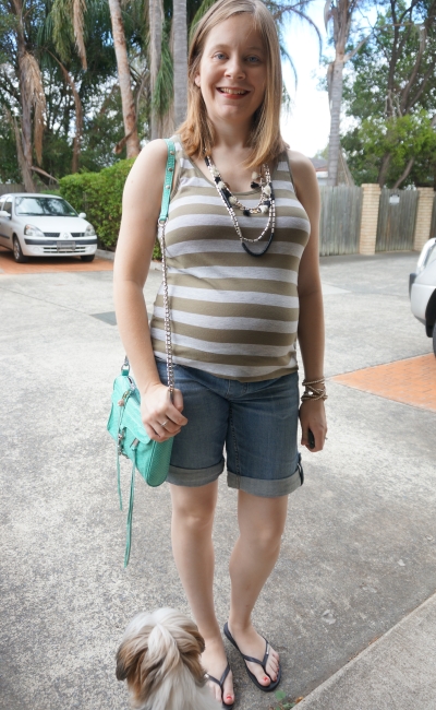 Away From Blue | 2nd Trimester summer Jeanswest maternity shorts striped tank outfit